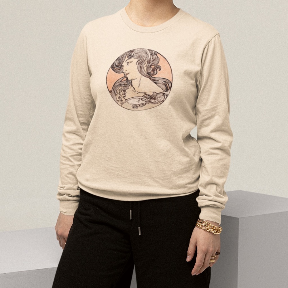 Stained Glass Woman VTG Circle Print Long Sleeve Graphic Tee T-shirt S M L XL - Picture 4 of 6